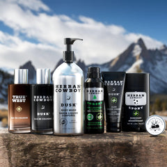 Herban Cowboy trio display illustrates USA-made, eco-friendly packaging.