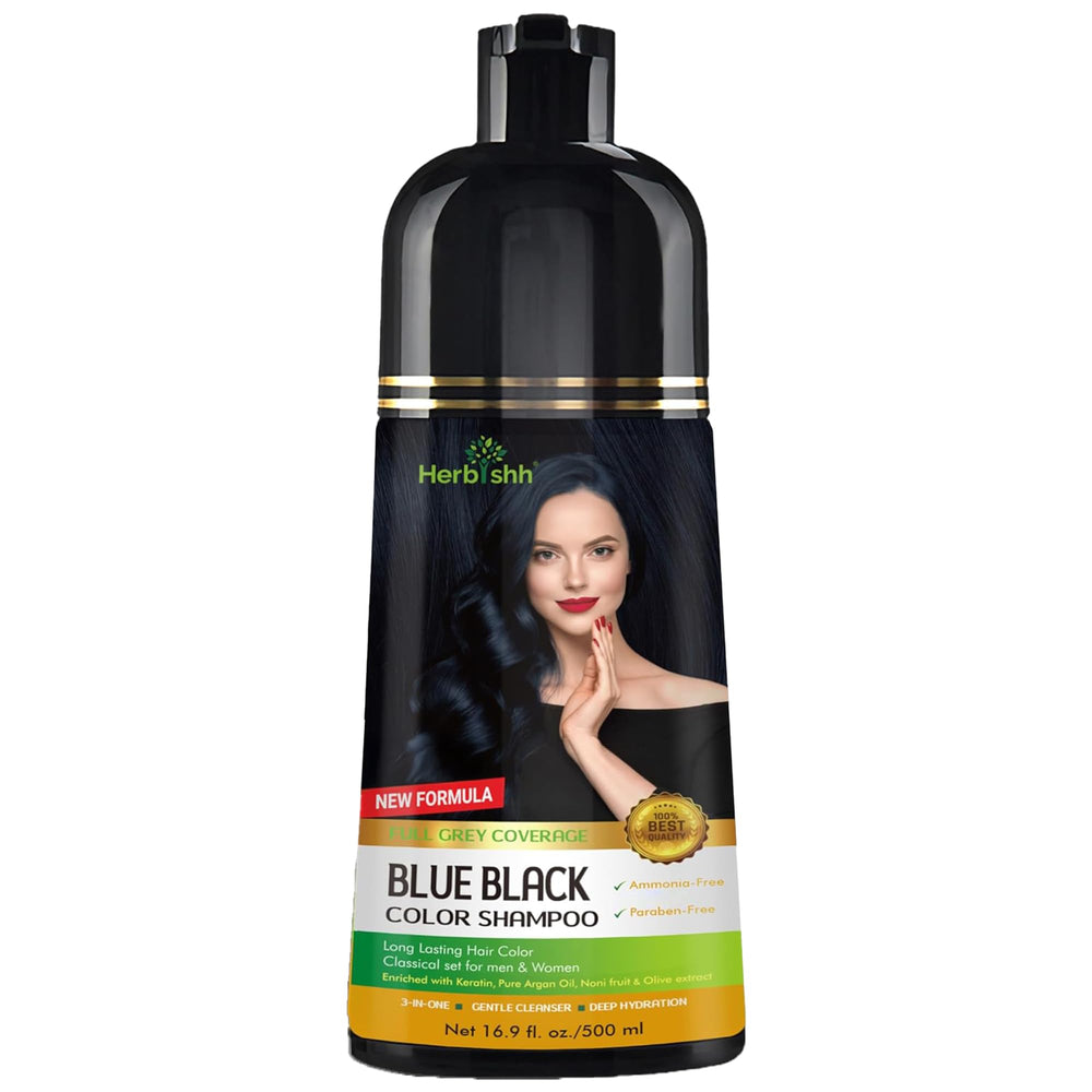 Herbishh Hair Color Shampoo bottle pouring for quick gray coverage.