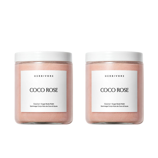 HERBIVORE Coco Rose body polish bottle showing creamy texture for gentle exfoliation and hydration