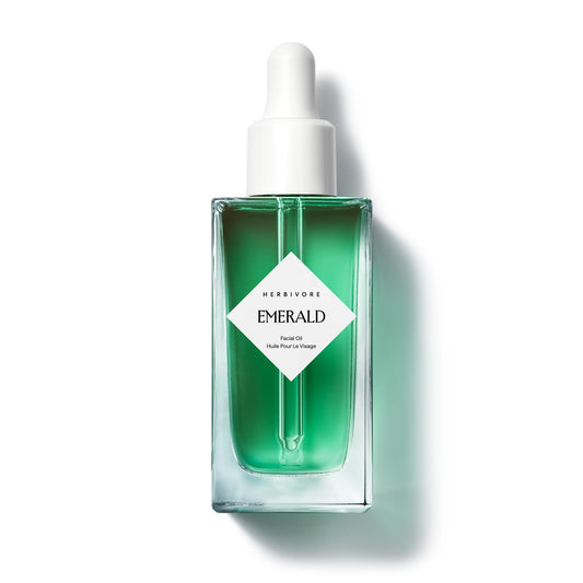 HERBIVORE Emerald Facial Oil bottle showing calming, deeply hydrating formula