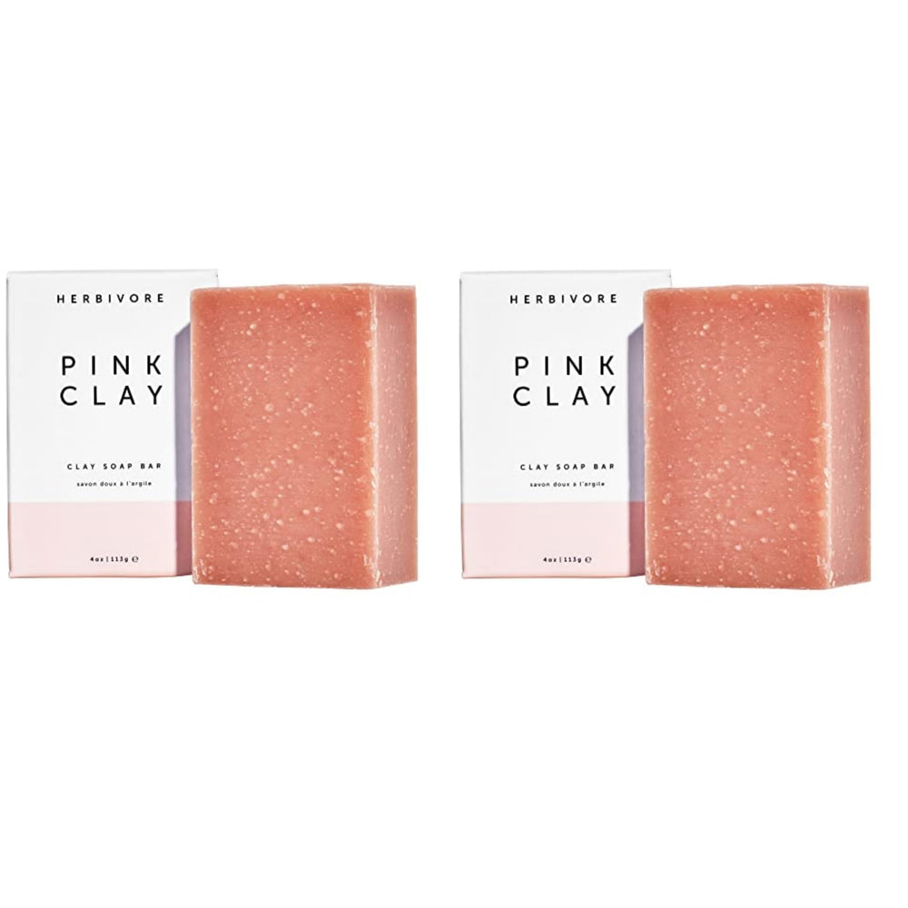 HERBIVORE Pink Clay Soap bar close-up for gentle cleansing on face and body.