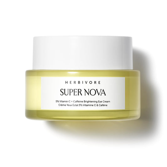 HERBIVORE Super Nova Eye Cream bottle shows brightening formula with 5% THD Vitamin C.