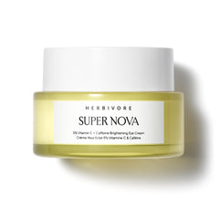 HERBIVORE Super Nova Eye Cream bottle shows brightening formula with 5% THD Vitamin C.