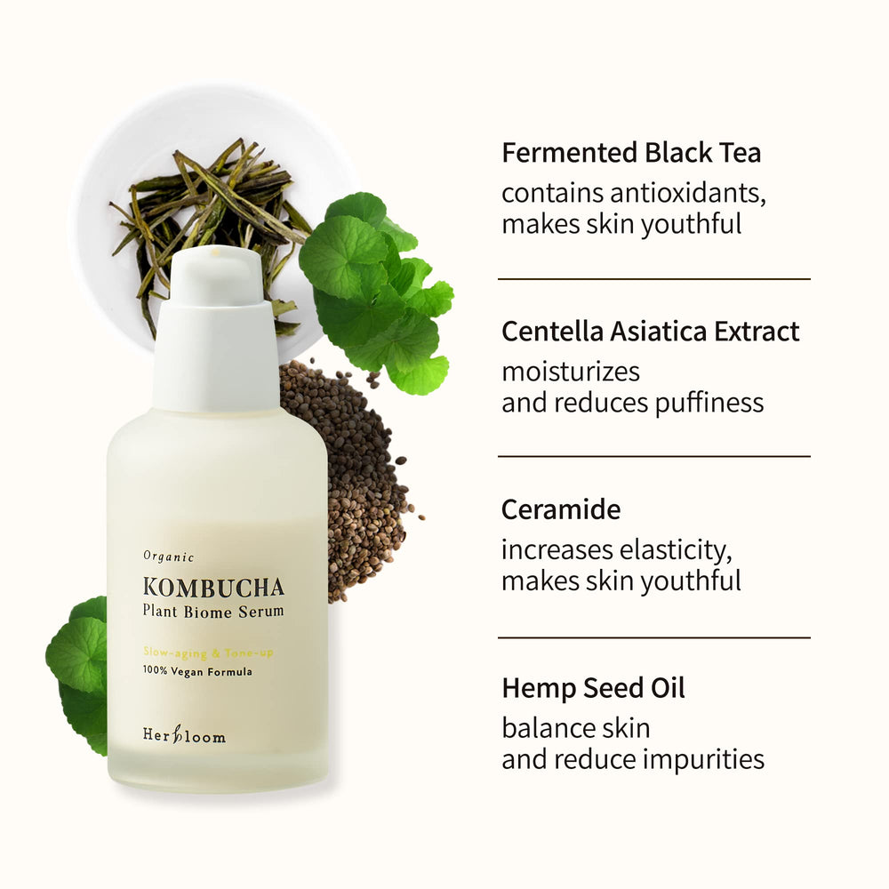 Herbloom Kombucha Biome Serum texture swirl illustrates silky, fast-absorbing hydration.
