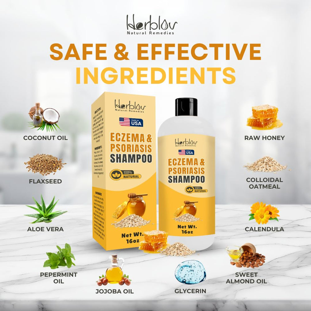 Herblov eczema shampoo USA-made packaging highlighting natural ingredients