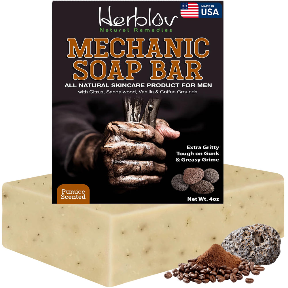 Herblov Mechanic Soap pumice exfoliates grease for clean hands.