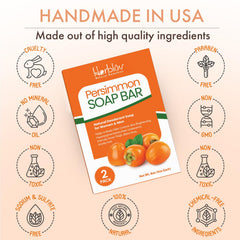 Herblov Persimmon soap bar ingredients featuring green tea and lemongrass for revitalizing skin.