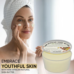 HERBOGANIC Shea Butter bathroom-counter displays unrefined butter ready for routine use.