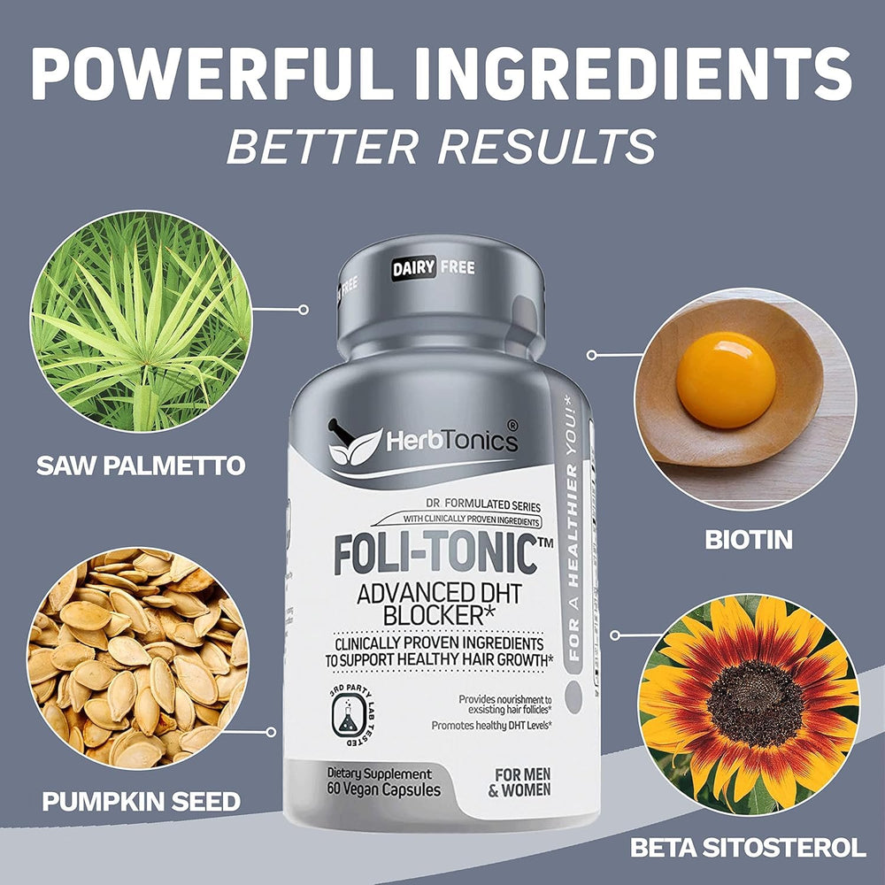 Herbtonics Saw Palmetto botanical blend supports hair care routine.