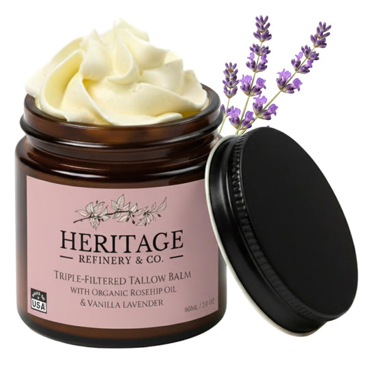 Heritage Refinery whipped tallow-rosehip-lavender 2oz: nourishing moisturizer for face and body.