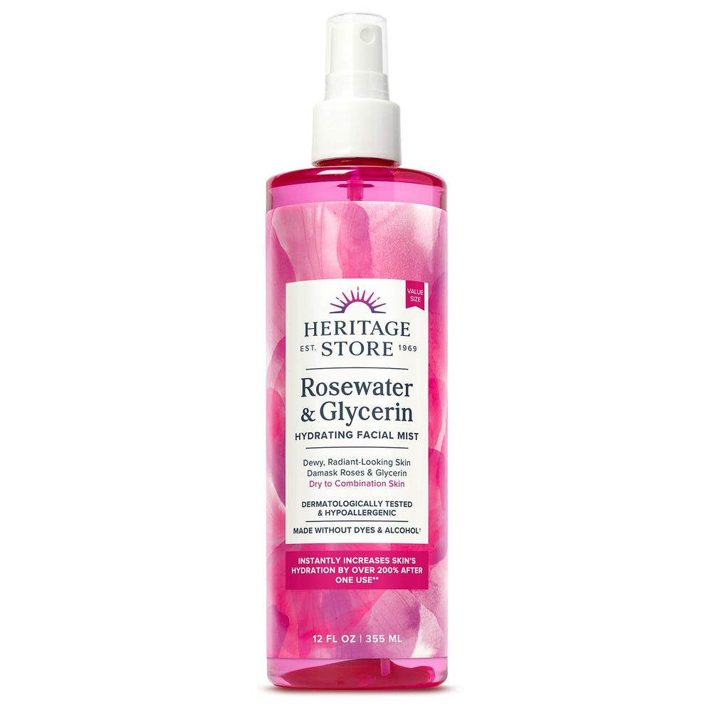 Heritage Store Rosewater Glycerin Hydrating Mist bottle for quick hydration.
