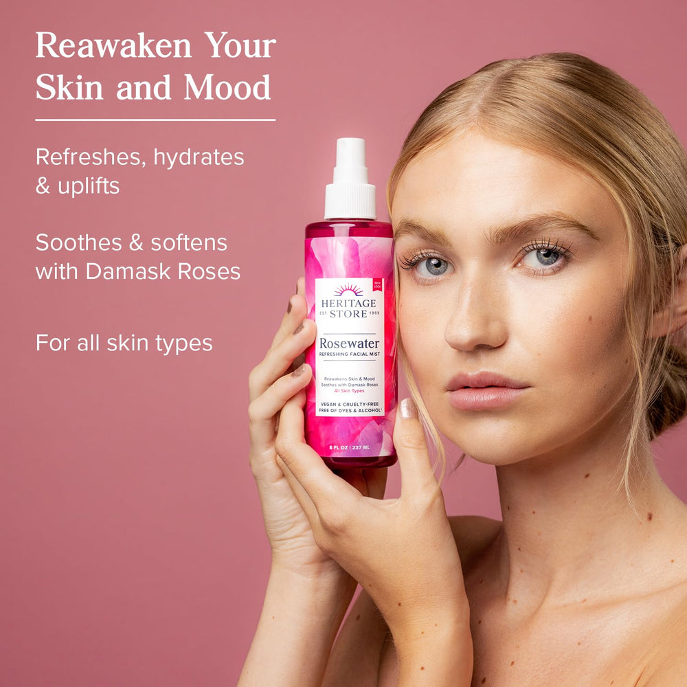 Heritage Store Rosewater mist spray demonstrates even, lightweight hydration across the face.