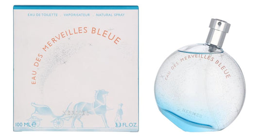 Hermès Eau Des Merveilles Bleue bottle close-up highlighting a luminous scent profile