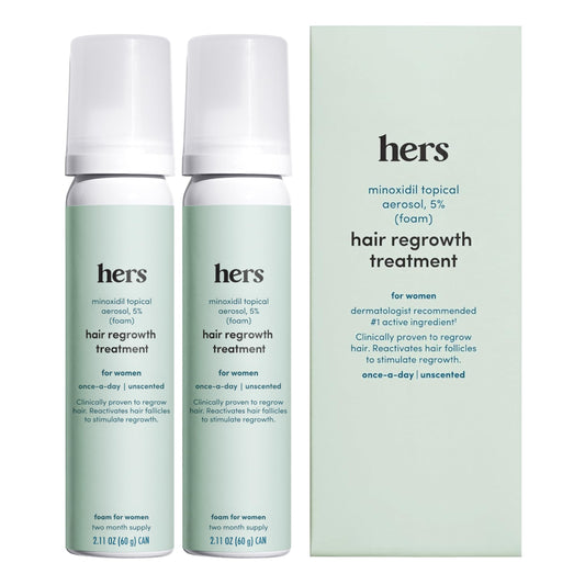 Hims & Hers hair regrowth foam cap pump for easy daily scalp application.