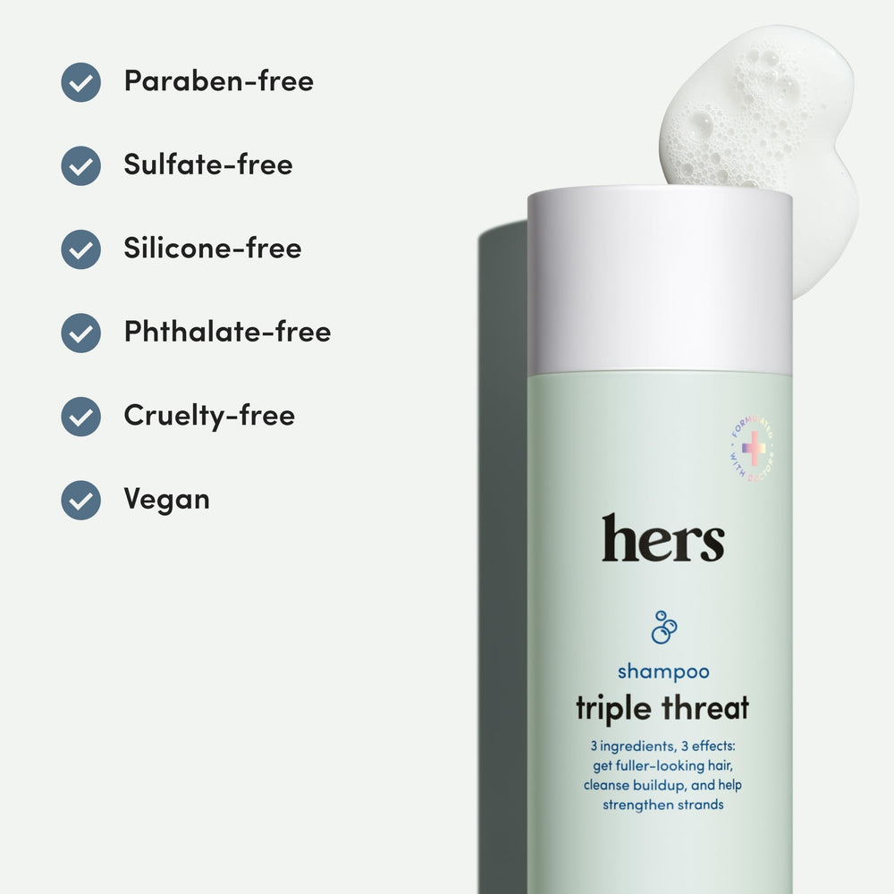 hers Triple Threat Shampoo ingredients biotin saw palmetto pumpkin seed oil shown