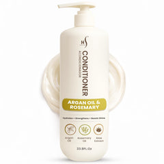 HerStyler Argan Oil Conditioner bottle displays hydration for dry, damaged hair.