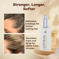 HerStyler Castor Oil Hair Serum amber bottle on sleek packaging.