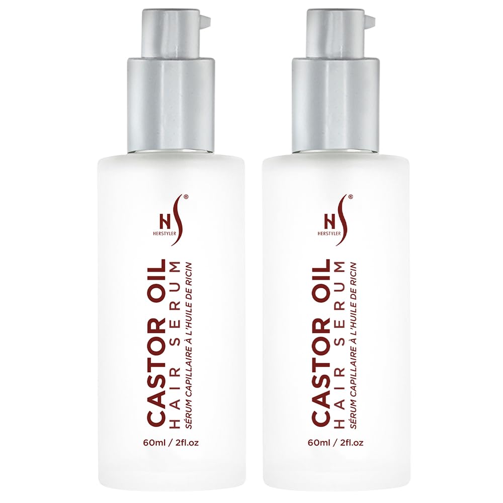 HerStyler Castor Oil Hair Serum bottle delivering lightweight hydration.