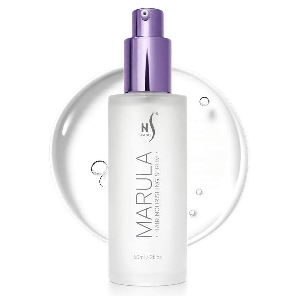 HerStyler Marula Oil Hair Serum bottle being poured to control frizz