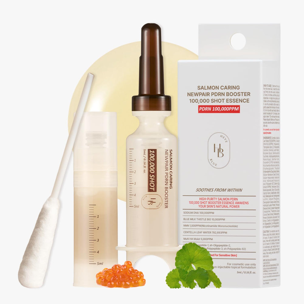 HEVEBLUE packaging image for the Salmon Caring Centella Booster, sleek and travel-ready.