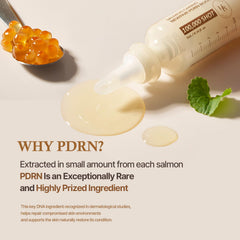 HEVEBLUE PDRN booster serum texture close-up highlights light, fast-absorbing feel.