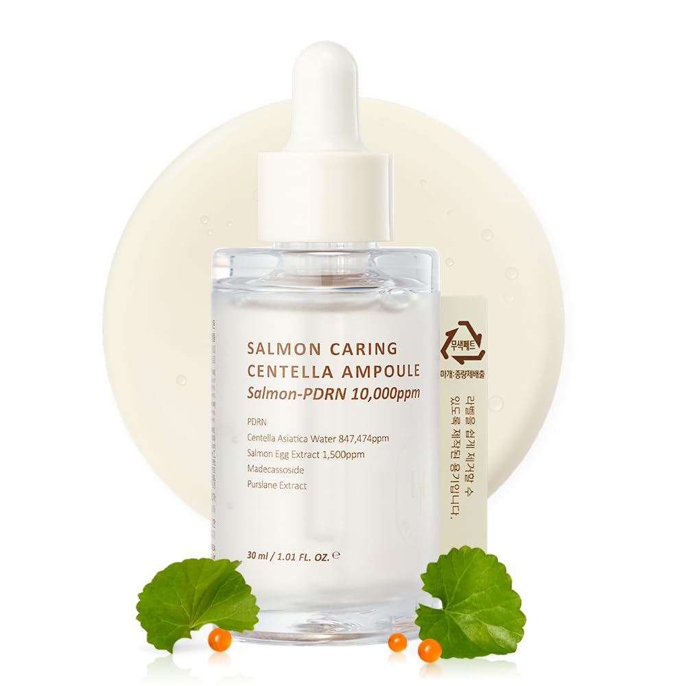 HEVEBLUE Salmon Caring Centella Ampoule bottle showing rich actives for calm skin.