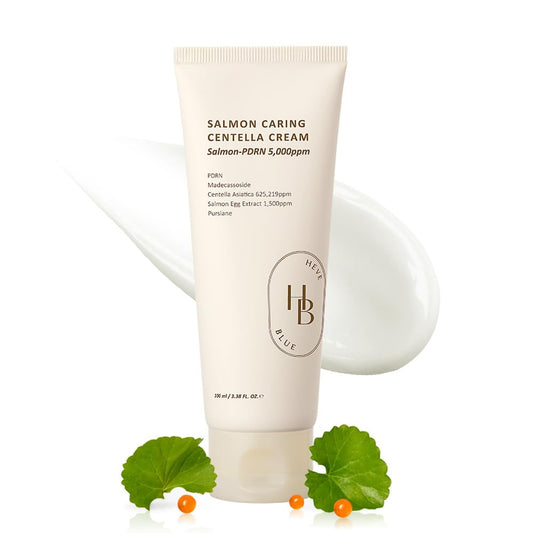 HEVEBLUE Salmon Caring Centella Cream bottle with pump for easy, hydrating skincare.