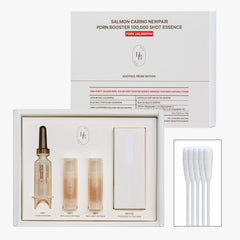 HEVEBLUE packaging close-up shows salmon centella essence bottle for easy at-home routine.