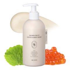 HEVEBLUE Salmon Fruity Centella Body Cream bottle highlights premium packaging for daily moisturizing.