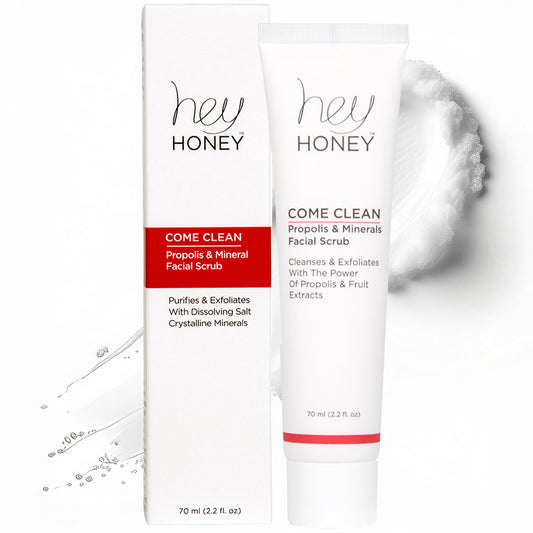Hey Honey scrub bottle and jar demonstrates gentle, non-abrasive exfoliation for sensitive skin