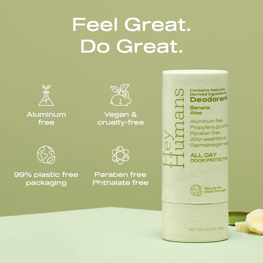Hey Humans deodorant ingredients panel showing coconut oil, rosemary, arrowroot