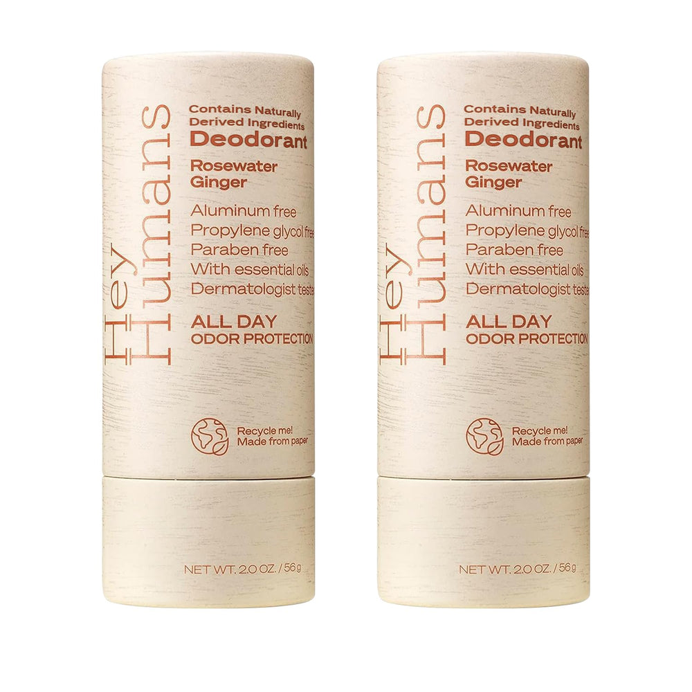 Hey Humans deodorant bottle with rosewater-ginger scent for all-day freshness and gentle protection.