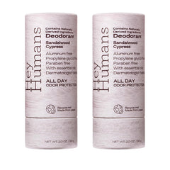 Hey Humans deodorant sandalwood cypress bottle demonstrates all-day odor control and sustainable packaging