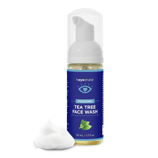Heyedrate gentle tea tree foaming cleanser bottle for a refreshing, gentle face and eyelid cleanse.
