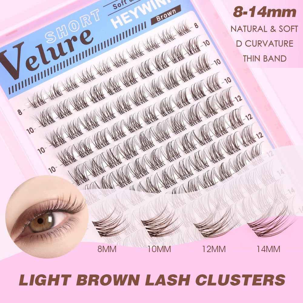 HEYWINK D-Curl lash clusters lift the eyes with a soft brown tone.