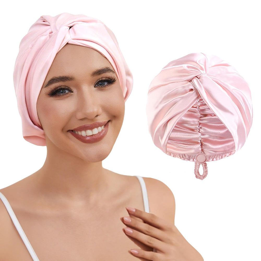 HFRHTGY silk satin hair bonnet pink with adjustable back protects hair during sleep