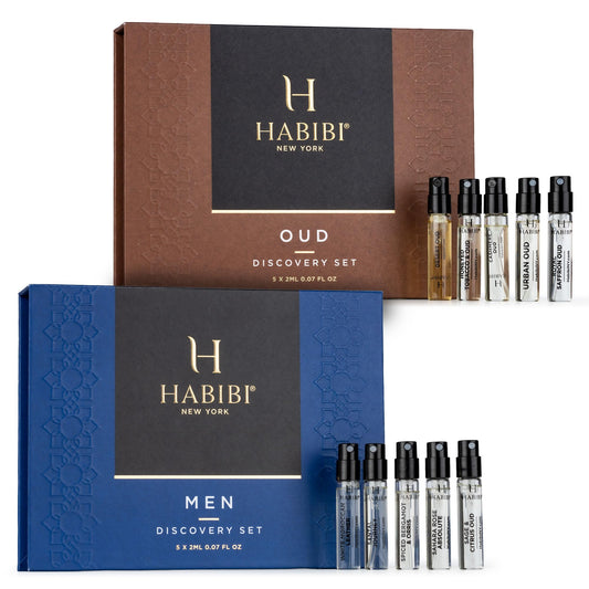 H HABIBI men's perfume and oud sample set—12 mini sprays for scent discovery.