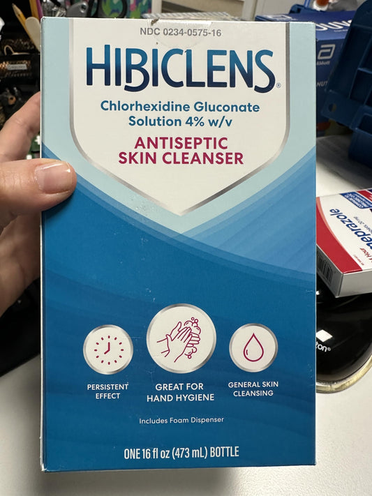Hibiclens antimicrobial skin liquid soap bottle front view for comprehensive skin cleansing.