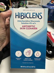 Hibiclens label closeup highlighting the antimicrobial formula for skin care.