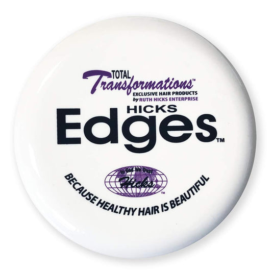 Hicks Edges Pomade jar closeup showing firm hold and natural shine.
