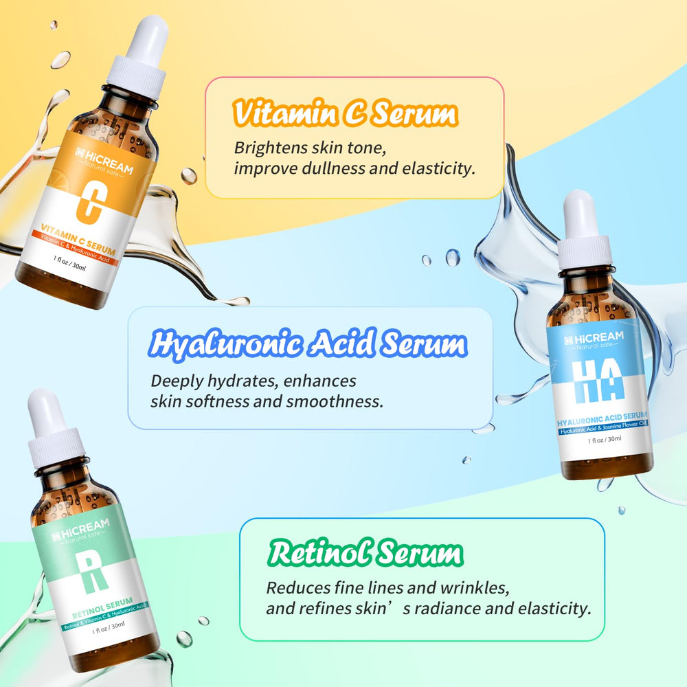 Hicream Retinol Serum bottle signals nightly anti-wrinkle care.