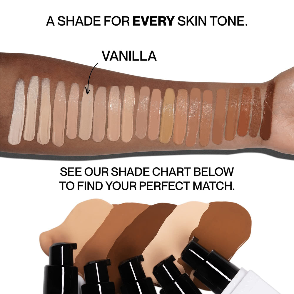Hide Foundation shade finder guide helps select Vanilla for a natural match.