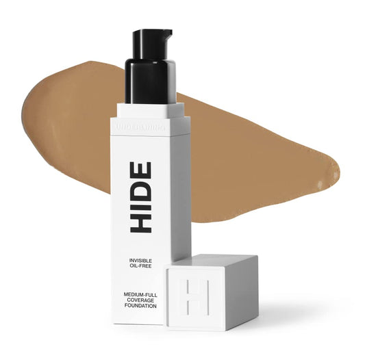 Hide Premium Liquid Foundation bottle closeup for natural, skin-like finish.