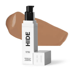 Hide Premium liquid foundation bottle close-up shows natural finish for daily wear