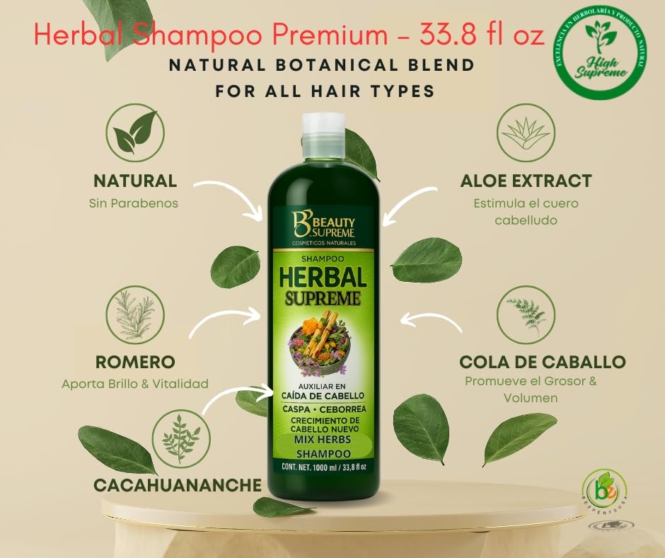 HIGH SUPREME Herbal Shampoo label close-up, highlighting paraben-free, sulfate-free formula.