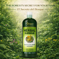 HIGH SUPREME Herbal Shampoo label close-up, highlighting paraben-free, sulfate-free formula.