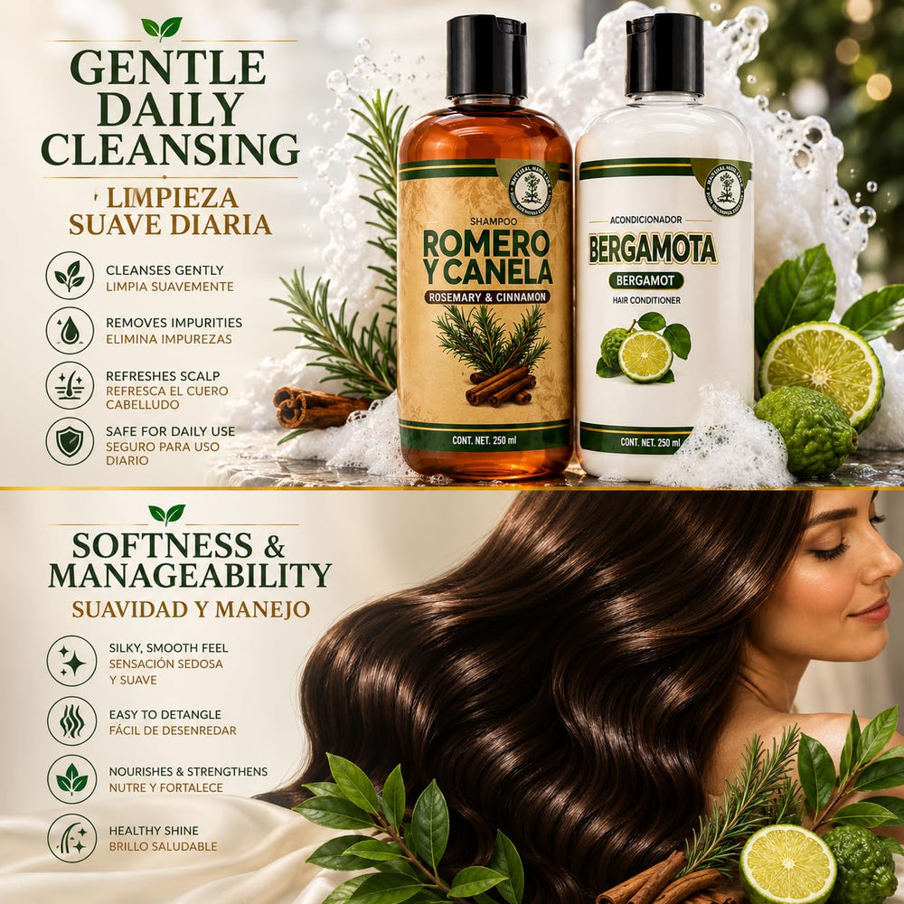 Shampoo label close-up featuring rosemary, aloe, and cinnamon benefits.