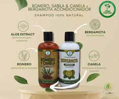 Shampoo label close-up featuring rosemary, aloe, and cinnamon benefits.