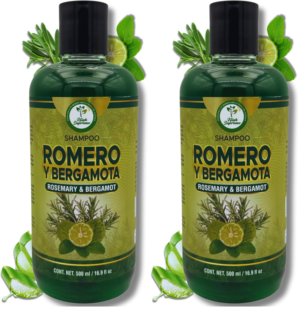 HIGH SUPREME Rosemary Aloe Bergamot shampoo bottle close-up highlights natural shine.