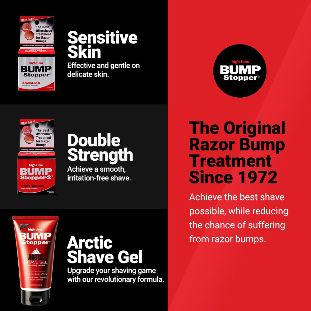 High Time Bump Stopper 2 bottle on bathroom shelf ready for post-shave use